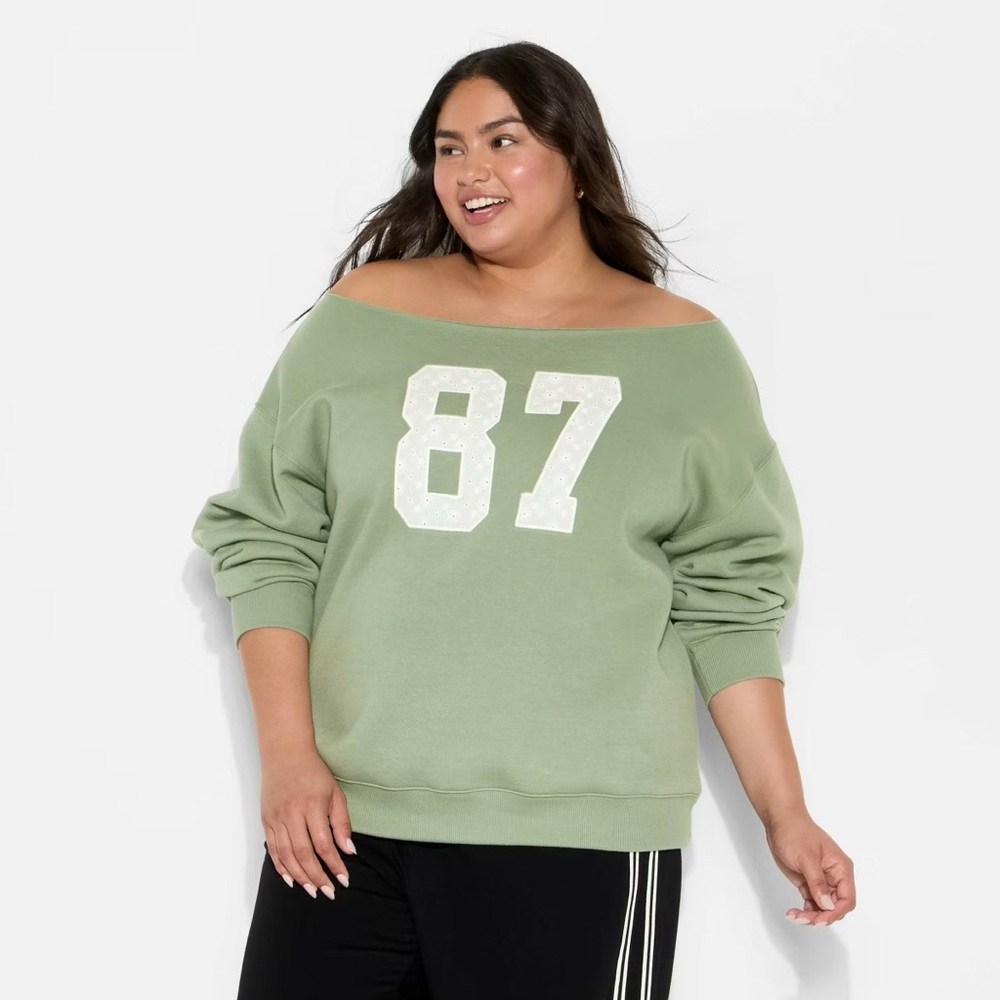 Wild Fable Off the Shoulder Sweatshirt 87 Eyelet Graphic Green XXL